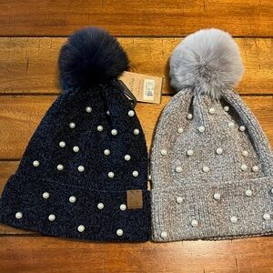 Womens Beanie Hat w/Pom Pom and Pearl Embellishments (2) Navy and Beige NWOT
